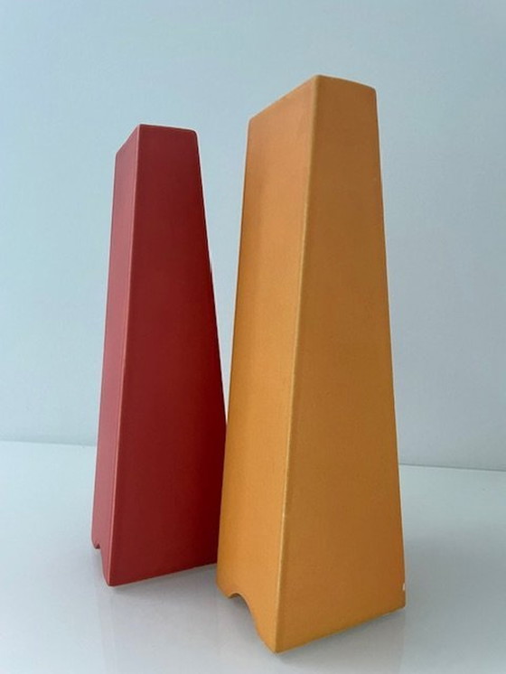 Image 1 of 2X Post-Modern Vases Orange And Red Pyramid Shape