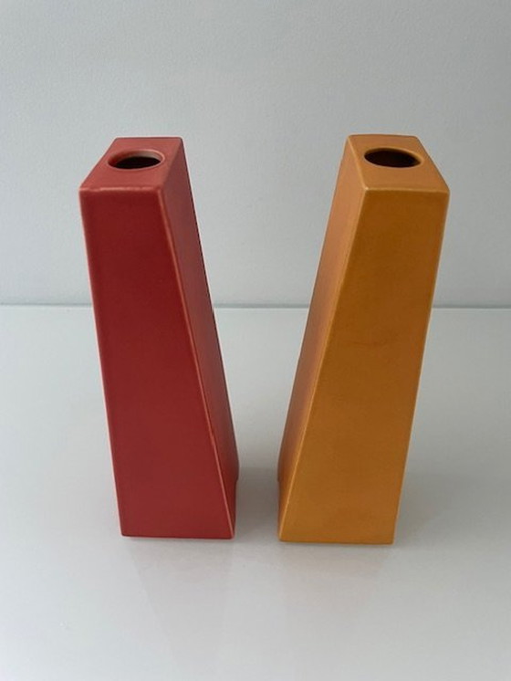 Image 1 of 2X Post-Modern Vases Orange And Red Pyramid Shape