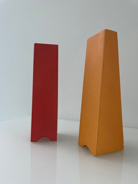 Image 1 of 2X Post-Modern Vases Orange And Red Pyramid Shape