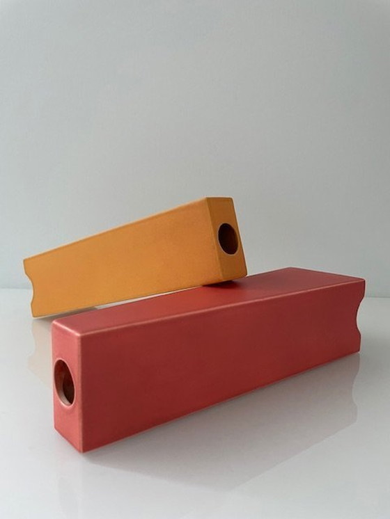 Image 1 of 2X Post-Modern Vases Orange And Red Pyramid Shape