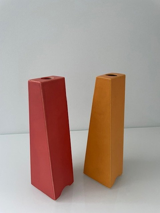 Image 1 of 2X Post-Modern Vases Orange And Red Pyramid Shape