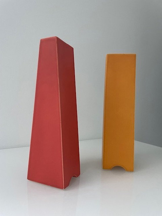Image 1 of 2X Post-Modern Vases Orange And Red Pyramid Shape