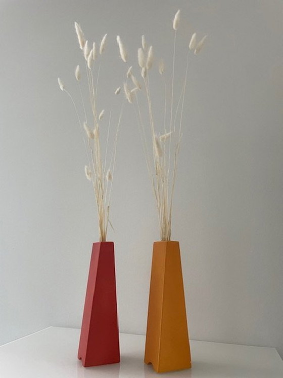 Image 1 of 2X Post-Modern Vases Orange And Red Pyramid Shape