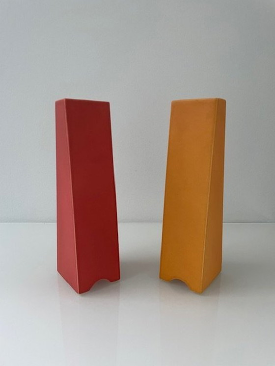 Image 1 of 2X Post-Modern Vases Orange And Red Pyramid Shape