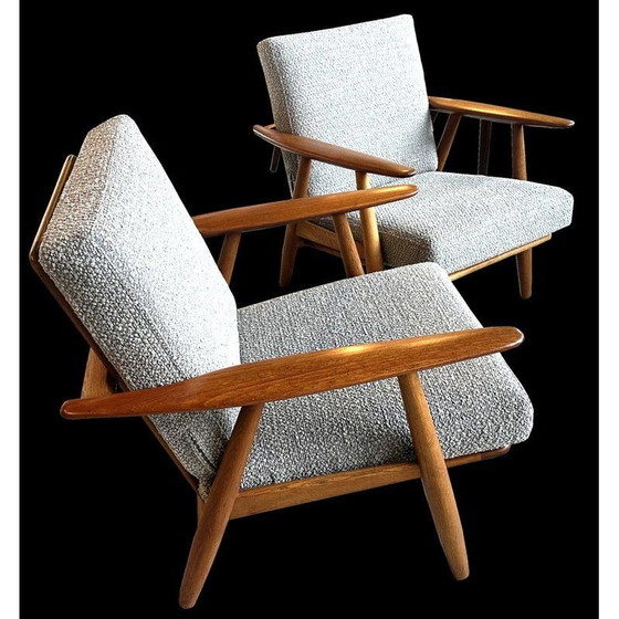 Image 1 of Pair of vintage "Ge240 Cigar" armchairs in oak wood and grey boucle fabric by Hans J Wegner for Getama