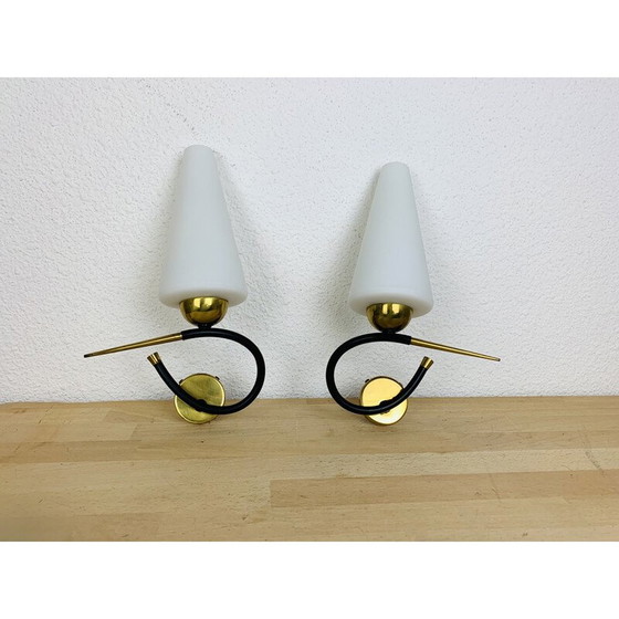 Image 1 of Pair of vintage Arlus wall lamps in black opaline and gold brass, 1950