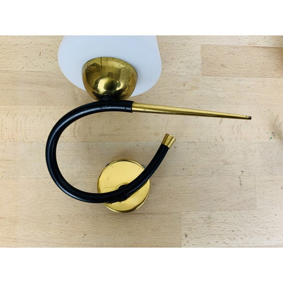 Image 1 of Pair of vintage Arlus wall lamps in black opaline and gold brass, 1950