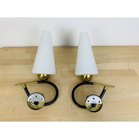 Image 1 of Pair of vintage Arlus wall lamps in black opaline and gold brass, 1950