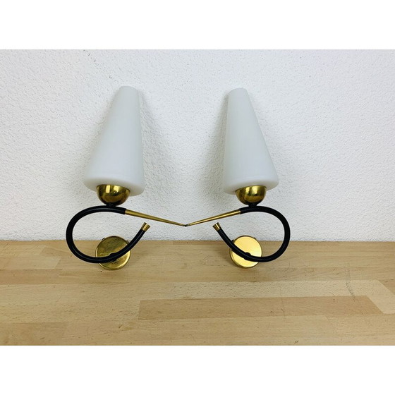 Image 1 of Pair of vintage Arlus wall lamps in black opaline and gold brass, 1950
