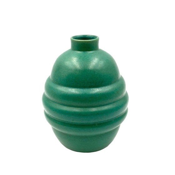 Image 1 of Turquoise earthenware vintage art deco vase, France 1940