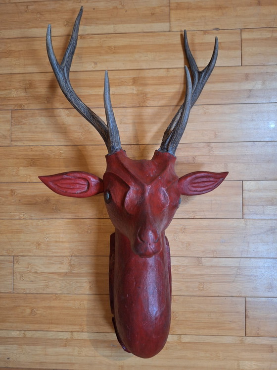 Image 1 of Solid Wood Deer Head With Real Antlers, Java, Indonesia