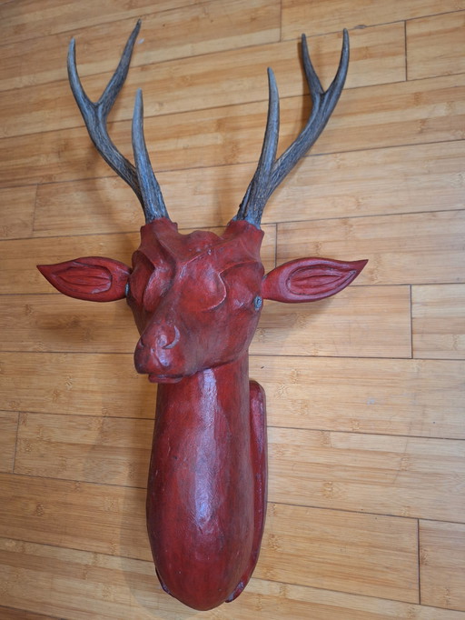 Solid Wood Deer Head With Real Antlers, Java, Indonesia