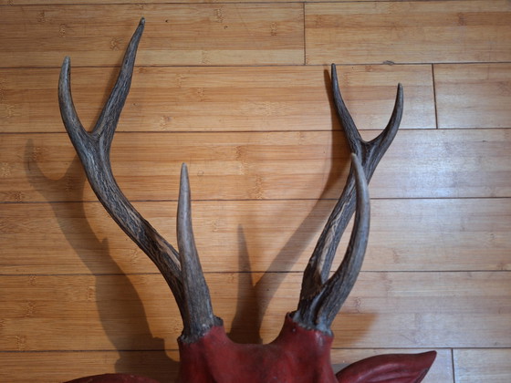 Image 1 of Solid Wood Deer Head With Real Antlers, Java, Indonesia