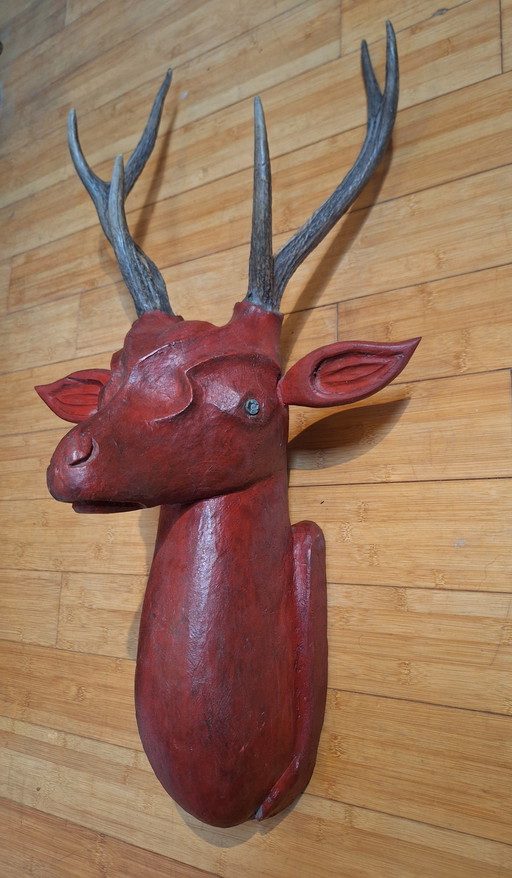 Solid Wood Deer Head With Real Antlers, Java, Indonesia