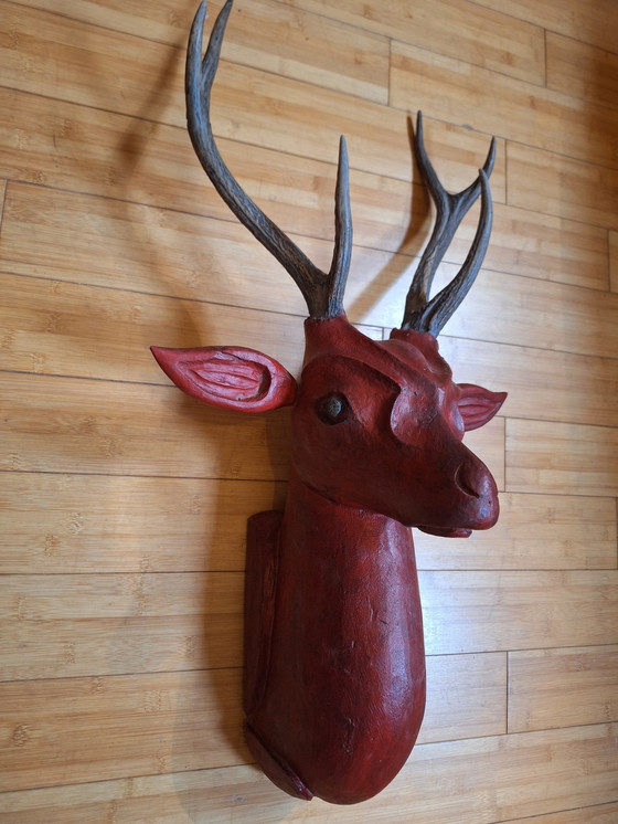 Image 1 of Solid Wood Deer Head With Real Antlers, Java, Indonesia