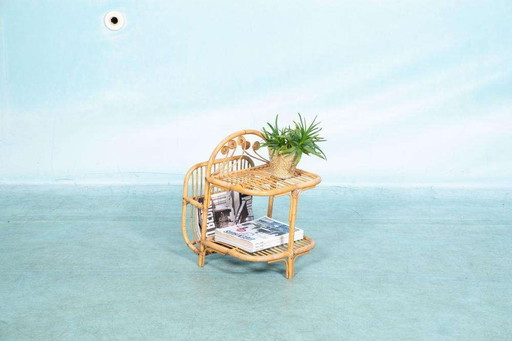 Tavolo da lettura vintage in rattan anni '70, tavolino bohémien