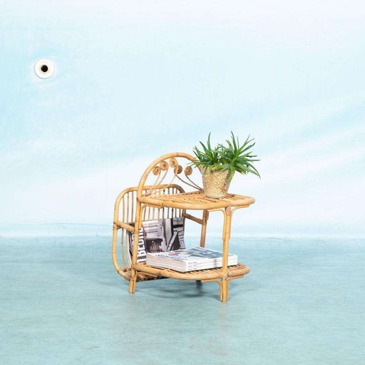 Tavolo da lettura vintage in rattan anni '70, tavolino bohémien