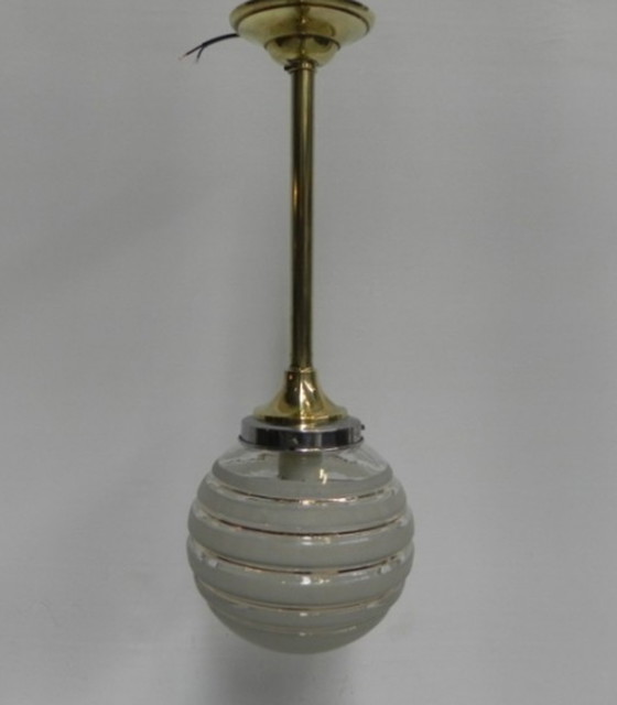 Image 1 of Art Deco hanging lamp with glass globe and brass armature