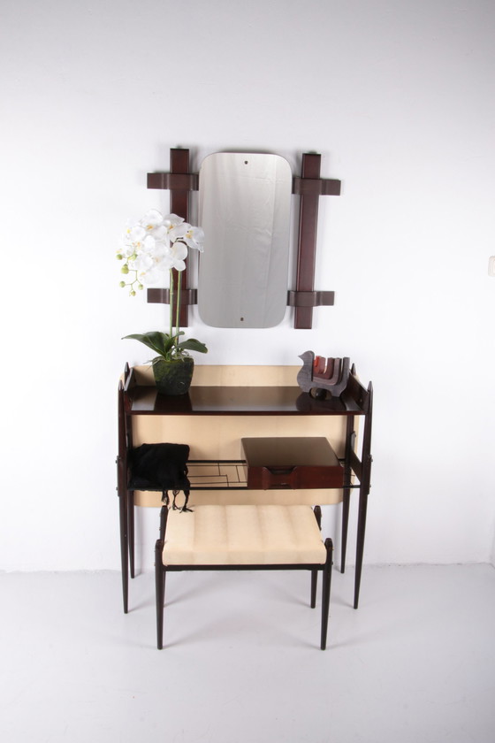 Image 1 of Vintage wall unit with mirror and stool 1950 Italy