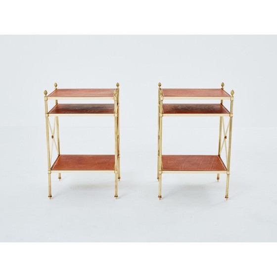 Image 1 of Pair of vintage brass and leather side tables for Maison Jansen, 1970