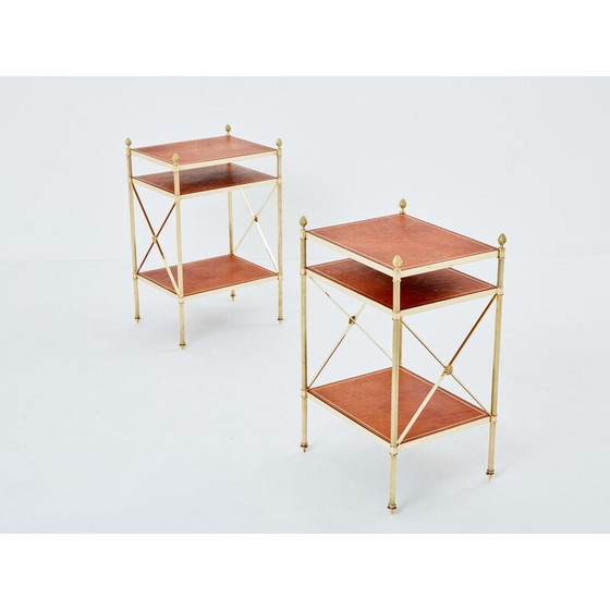 Image 1 of Pair of vintage brass and leather side tables for Maison Jansen, 1970