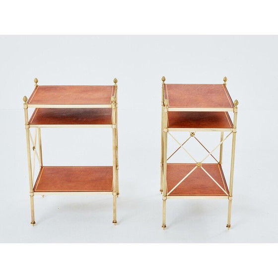 Image 1 of Pair of vintage brass and leather side tables for Maison Jansen, 1970