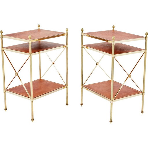 Pair of vintage brass and leather side tables for Maison Jansen, 1970