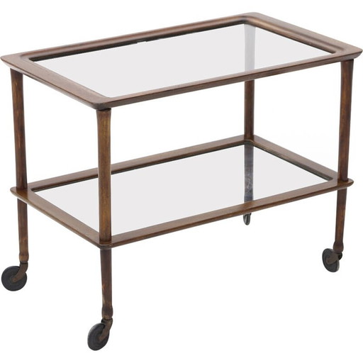 Vintage wooden trolley with glass shelves, 1950s