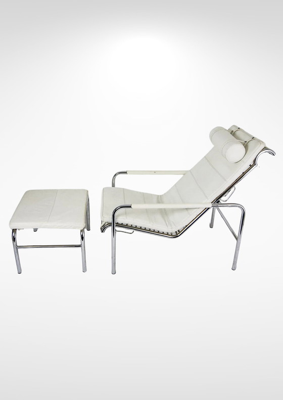 Image 1 of Zanotta Italy Leather Reclining Chaise Longue And Ottoman Footstool