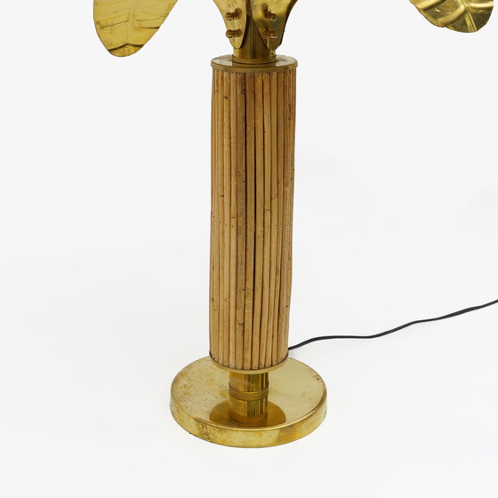 Image 1 of Coppia di lampade italiane in ottone e rattan a forma di palma, stile Mid-Century Modern, anni '70