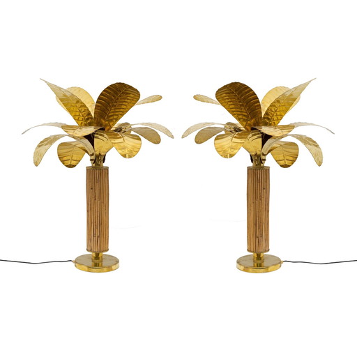 Pair Of Mid-Century Modern Italian Brass And Rattan Palm Tree Lamps, 1970S