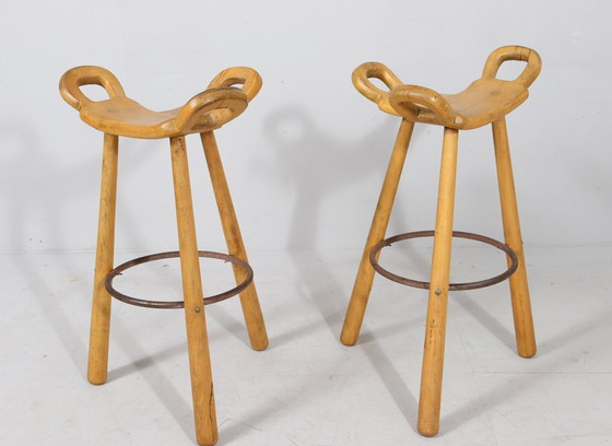 Image 1 of 4x Brutalist bar stools, model 'Marbella' by Sergio Rodrigues, beech, metal, 1970s, Spain