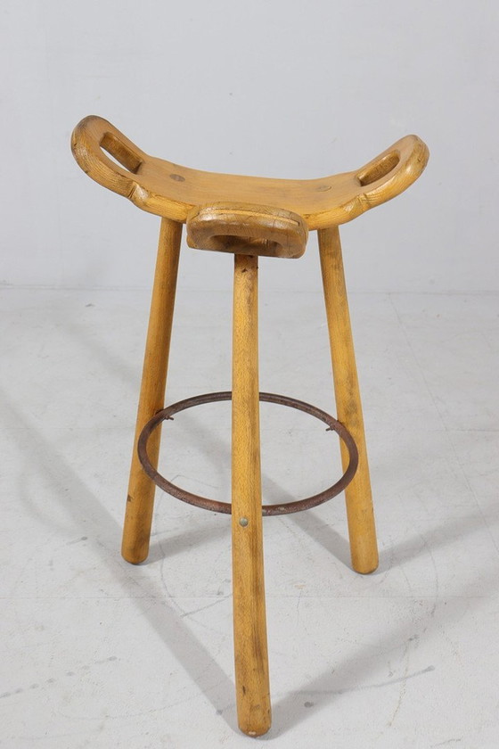 Image 1 of 4x Brutalist bar stools, model 'Marbella' by Sergio Rodrigues, beech, metal, 1970s, Spain