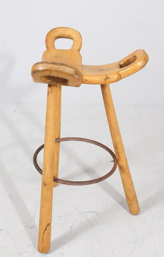 Image 1 of 4x Brutalist bar stools, model 'Marbella' by Sergio Rodrigues, beech, metal, 1970s, Spain