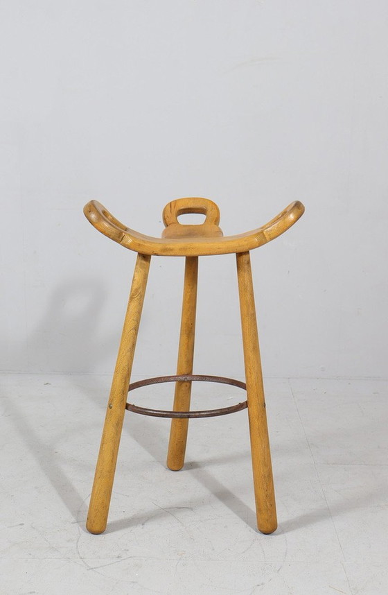 Image 1 of 4x Brutalist bar stools, model 'Marbella' by Sergio Rodrigues, beech, metal, 1970s, Spain