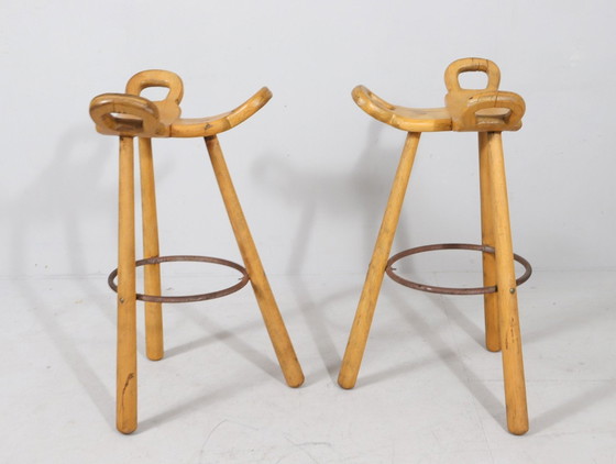 Image 1 of 4x Brutalist bar stools, model 'Marbella' by Sergio Rodrigues, beech, metal, 1970s, Spain