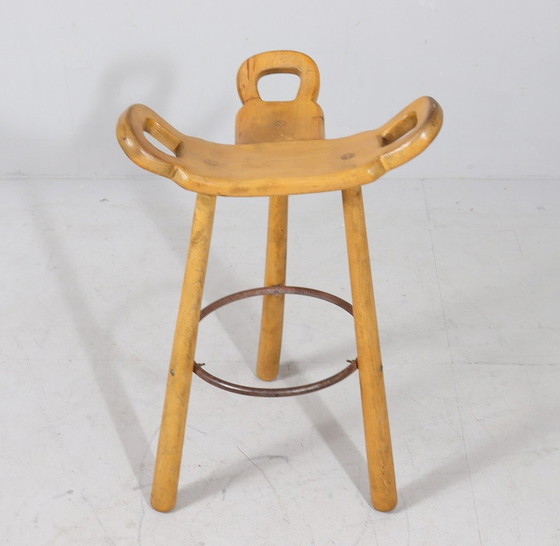 Image 1 of 4x Brutalist bar stools, model 'Marbella' by Sergio Rodrigues, beech, metal, 1970s, Spain