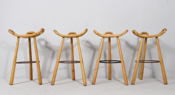 Image 1 of 4x Brutalist bar stools, model 'Marbella' by Sergio Rodrigues, beech, metal, 1970s, Spain