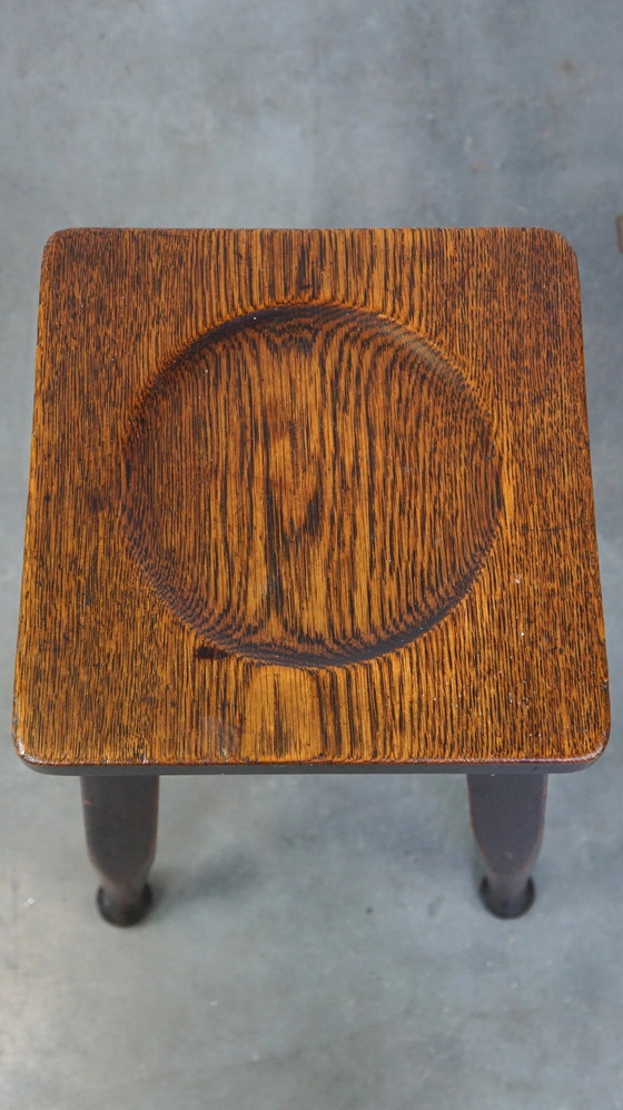 Image 1 of English oak stool/ stool with a touch of art nouveau style, 54 cm high