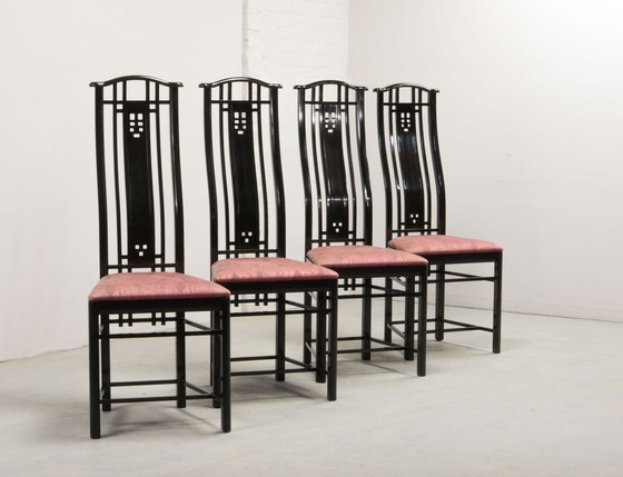 Image 1 of Giorgetti Italian design dining room chairs, set of four high backrest black lacquered with fabric. Italy, 1980s. Ref.: CH130