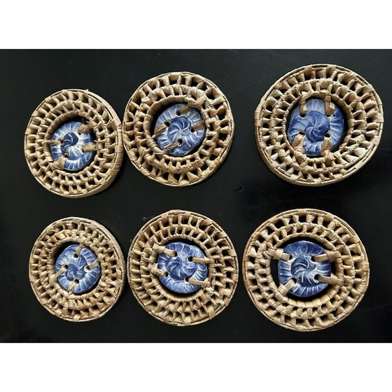 Image 1 of Vintage wicker and ceramic coasters and napkin rings, 1970