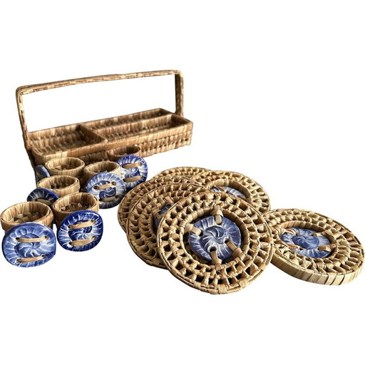 Vintage wicker and ceramic coasters and napkin rings, 1970