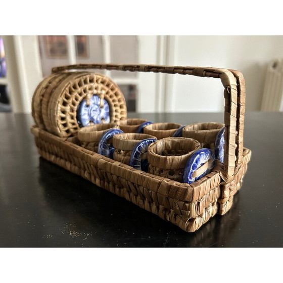 Image 1 of Vintage wicker and ceramic coasters and napkin rings, 1970