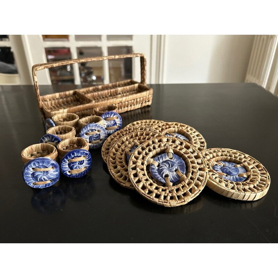Image 1 of Vintage wicker and ceramic coasters and napkin rings, 1970