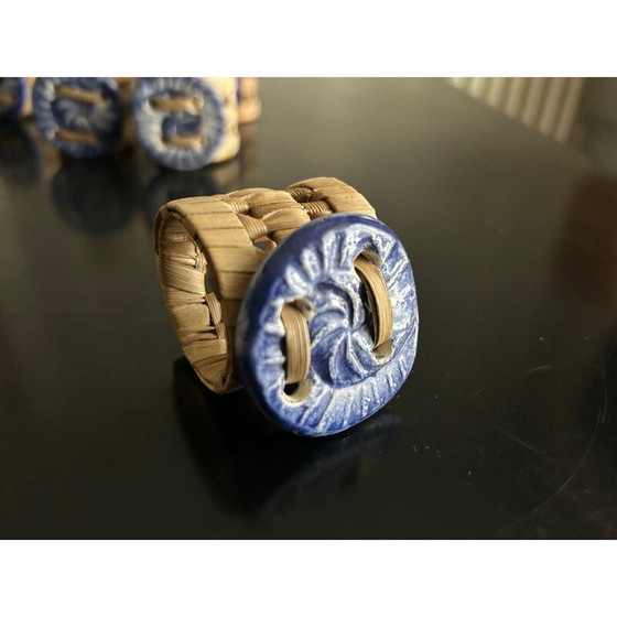Image 1 of Vintage wicker and ceramic coasters and napkin rings, 1970
