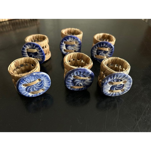 Vintage wicker and ceramic coasters and napkin rings, 1970