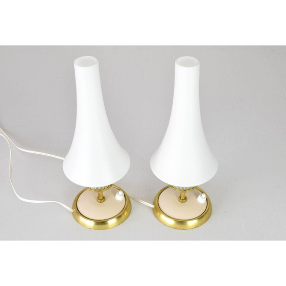 Image 1 of Pair of vintage cream brass and matte opaline table lamps, Sweden 1950s