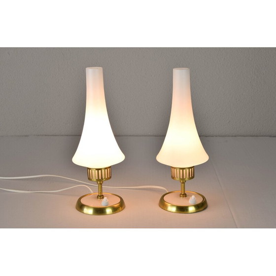Image 1 of Pair of vintage cream brass and matte opaline table lamps, Sweden 1950s