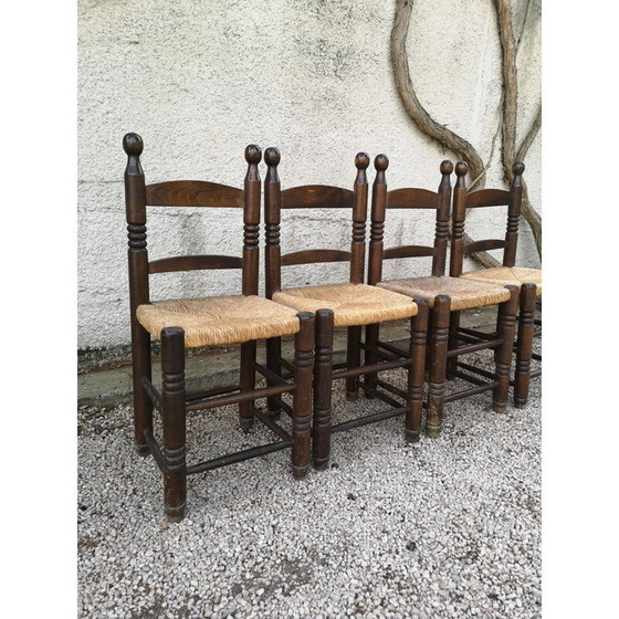 Image 1 of Set of 4 vintage chairs in solid oak and straw