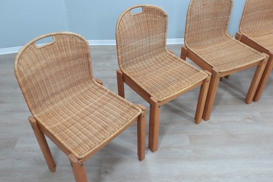 Image 1 of Curved Wicker And Wood Chairs 1970S, Set Of 6